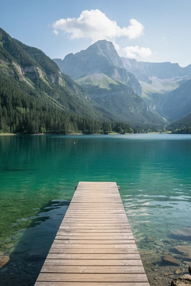 Un ponton en bois s’avance sur un lac de montagne aux eaux claires, sommets verts au loin