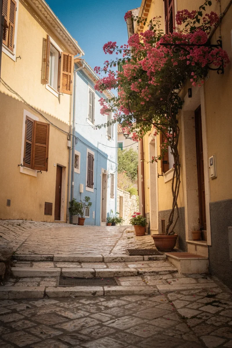 Une ruelle pavée d’un village méditerranéen, façades ocre et bleues, bougainvillier en fleurs