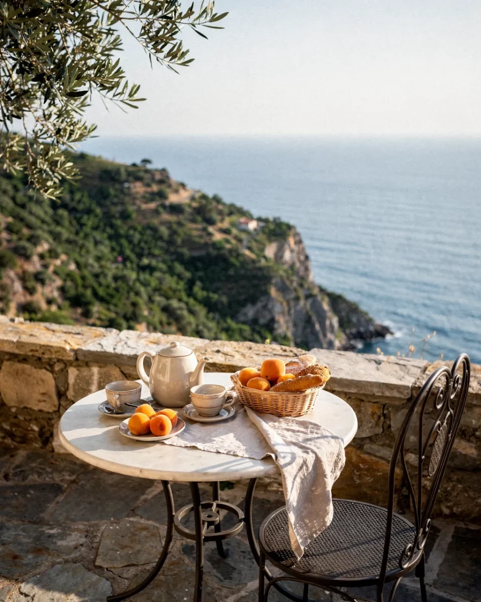 Une table de petit déjeuner dressée sur la terrasse d’un petit hôtel, la mer en contrebas